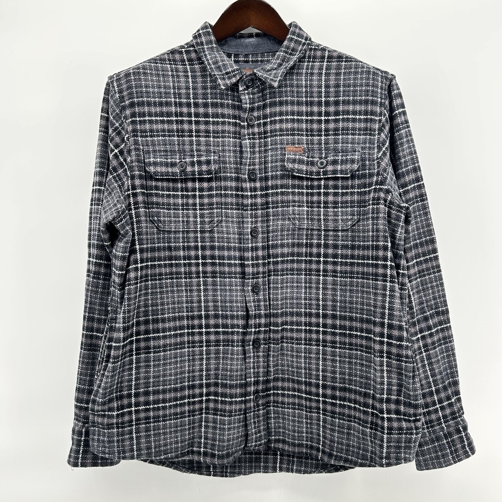 Orvis Mens Large Black‎ Gray Plaid Twill Shacket Shirt Jacket Heavyweight Cabin